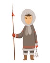 Polar eskimo character. Indigenous fisherman wearing traditional warm clothes. Person with caught fish. Traditional