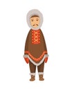 Polar eskimo character. Indigenous man wearing traditional warm clothes. Traditional ethnic character standing