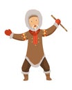 Polar eskimo character. Indigenous man wearing traditional warm clothes. Person with musical instrument