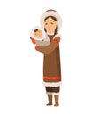 Polar eskimo character. Indigenous woman wearing traditional warm clothes. Woman with newborn baby. Traditional ethnic