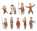 Polar eskimo characters. Indigenous people wearing traditional warm clothes. Group of different traditional ethnic