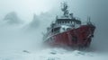 Polar expedition during storm in mist, scenery of frozen ship in ice on iceberg or snowy rocks background. Concept of arctic Royalty Free Stock Photo