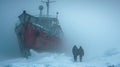Polar expedition during storm, scenery of frozen ship in ice, snow and walking people in mist. Concept of arctic exploration, Royalty Free Stock Photo