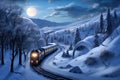 polar express train curving around a snowy bend