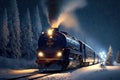 Polar Express Train lights up path with flashlight and rides on snow-covered rails Royalty Free Stock Photo