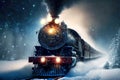 Polar Express Train lights up path with flashlight and rides on snow-covered rails Royalty Free Stock Photo