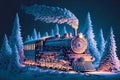 Polar Express Train races past snow-covered triangular fir trees