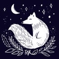 Polar Fox hand drawn flat vector illustration. Black and white. Royalty Free Stock Photo