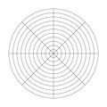 Polar grid of 10 concentric circles and 45 degrees steps. Blank vector polar graph paper