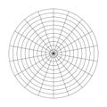 Polar grid of 10 concentric circles and 20 degrees steps. Blank vector polar graph paper