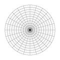 Polar grid of 10 concentric circles and 5 degrees steps. Blank vector polar graph paper