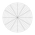 Polar grid of 10 concentric circles and 30 degrees steps. Blank vector polar graph paper