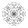 Polar grid of 10 concentric circles and 5degrees steps. Blank vector polar graph paper