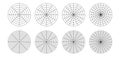 Polar grid divided into radial degree template isolated. Polar coordinate circular grid set. Pie chart blank.