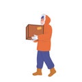 Polar researcher traveler cartoon character wearing warm clothes carrying wooden box isolated
