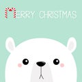 Polar white bear cub sad face. Merry Christmas. Candycane text. Happy New Year. Cute cartoon baby character. Arctic animal. Hello