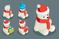 Polar white bear isometric christmas animal character winter new year 3d flat cartoon design vector illustration