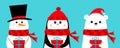 Polar white bear, penguin, snowman holding gift box. Hat, scarf. Cute cartoon baby character set. Happy New Year. Merry Christmas Royalty Free Stock Photo