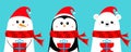 Polar white bear, penguin, snowman holding gift box. Red Santa hat, scarf. Cute cartoon baby character set. Happy New Year. Merry Royalty Free Stock Photo