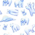 Polar white bear seamless pattern. Watercolor hand drawn illustrations on white. Royalty Free Stock Photo