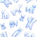 Polar white bear seamless pattern. Watercolor hand drawn illustrations on white. Royalty Free Stock Photo
