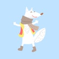 Polar White Fox In Vest And Scarf, Arctic Animal Dressed In Winter Human Clothes Cartoon Character