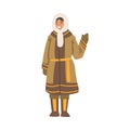 Polar Woman Character Waving her Hand, North Girl in Traditional Eskimos Clothing Cartoon Vector Illustration