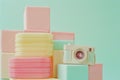 Polaroid camera on pastel filters stack. By generative Ai Royalty Free Stock Photo