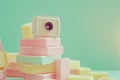 Polaroid camera on top of soft pink and yellow light filters stack. By generative Ai Royalty Free Stock Photo