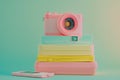 Polaroid camera on top of soft pink and yellow light filters stack. By generative Ai Royalty Free Stock Photo