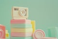 Polaroid camera on top of soft pink and yellow light filters stack. By generative Ai Royalty Free Stock Photo