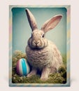 Polaroid Photo of a Cute Easter Bunny with Colorful Decorated Egg, Generative AI