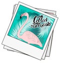 Polaroid photo with flamingo and watercolor palms. Lettering col