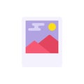 Polaroid snapshot of mountain landscape vector flat illustration. Momental photo scenery