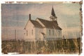 Polaroid transfer of rural church in field. Royalty Free Stock Photo