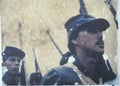 Polaroid Transfer of soldiers marching into war during Civil War reenactment of Battle of Bull Run