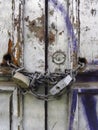 Padlocks and rusty iron chain on broken white old wooden door with violet graffiti. Locks on a chain hangs on a door. Old metal