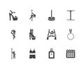 Pole dance flat glyph icons set. Sexy girl dancing, stripper high heels shoe vector illustrations. Black signs for