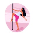 Pole dance performer at a studio. Beautiful young girl dancing on the pylon. Pole dancing, fitness and sport lifestyle Royalty Free Stock Photo