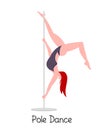 Pole dancer flexible girl training on pylon, vector cartoon illustration in flat style