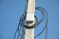 Pole with internet router and cables Royalty Free Stock Photo