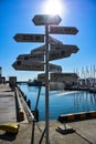 A pole with signs on the territory of the sea station in Sochi. Summer 2019.