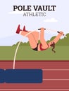 Pole vault athletic vector poster, vault jumper female athlete pole jump, cartoon sportswoman competition