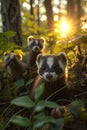 Polecat family in the forest with setting sun shining.