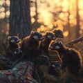 Polecat family in the forest with setting sun shining.