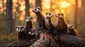 Polecat family in the forest with setting sun shining.