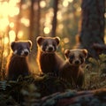 Polecat family in the forest with setting sun shining.