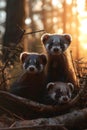 Polecat family in the forest with setting sun shining.