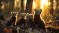 Polecat family in the forest with setting sun shining.