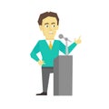 Polemicist speaker. Business man politician. President speech on tribune pulpit. Flat color vector illustration.